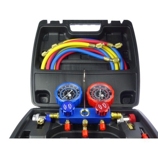 Manometry R-134a + złącza R134a + wkretak wentyli w plastikowej walizce